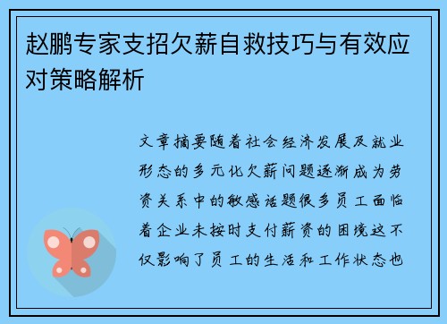 赵鹏专家支招欠薪自救技巧与有效应对策略解析 赵鹏专家支招欠薪自救技巧与有效应对策略解析