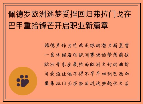 佩德罗欧洲逐梦受挫回归弗拉门戈在巴甲重拾锋芒开启职业新篇章