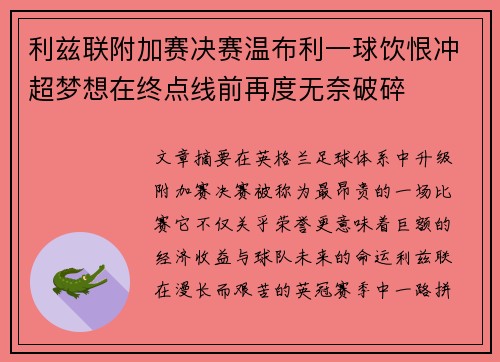 利兹联附加赛决赛温布利一球饮恨冲超梦想在终点线前再度无奈破碎 利兹联附加赛决赛温布利一球饮恨冲超梦想在终点线前再度无奈破碎